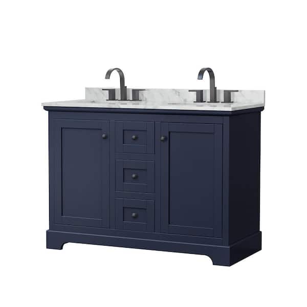 Wyndham Collection Avery 48 in. W x 22 in. D x 35 in. H Double Bath Vanity in Dark Blue with White Carrara Marble Top