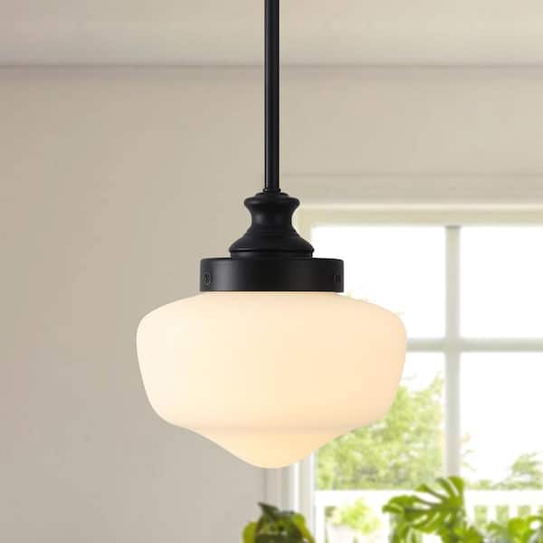 1-Light Schoolhouse Black Acorn Pendant with Cream Glass Shade, Bulb Not Included
