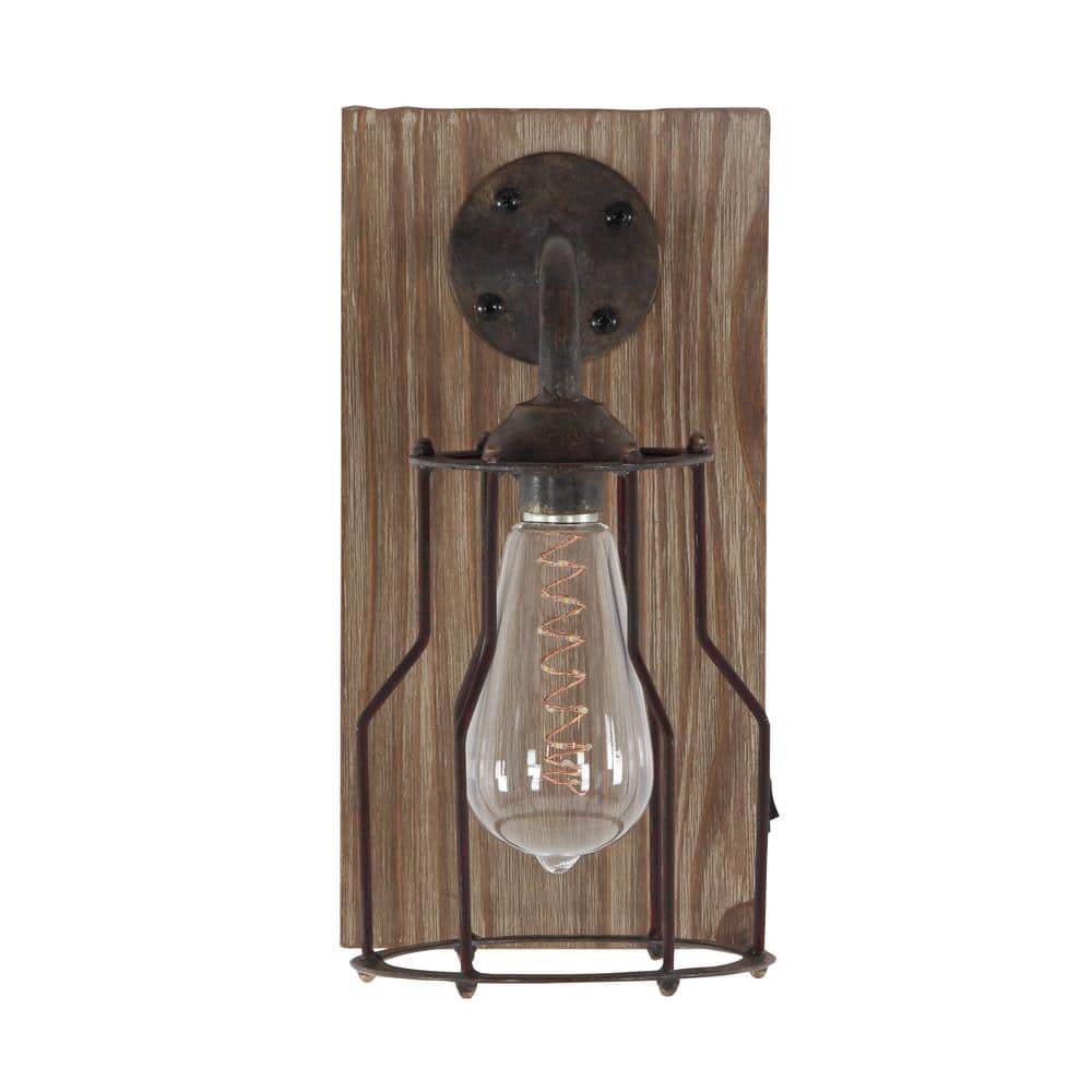 Industrial Brown Iron and Wood Battery Operated Wall Sconce