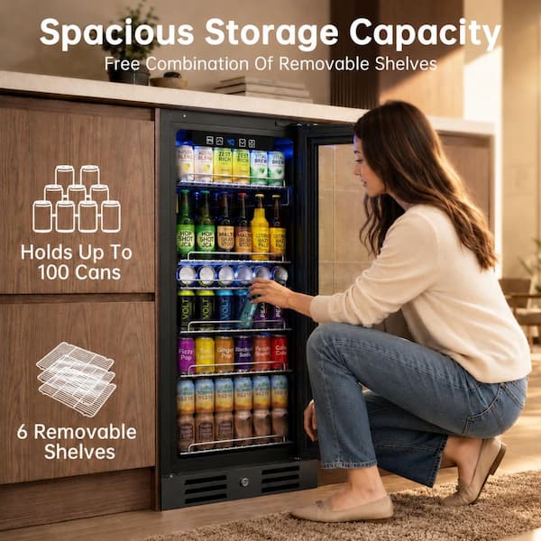 14.8 in. Single Zone 100-Cans Beverage Beverage Cooler in Black Stainless Steel with Security Lock, UV Protection
