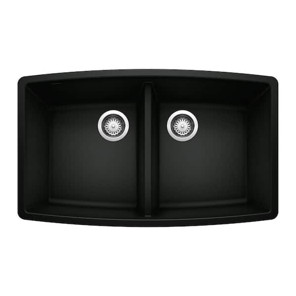 Blanco PERFORMA Silgranit 33 in. Coal Black Undermount 50/50 Double Bowl Granite Composite Kitchen Sink