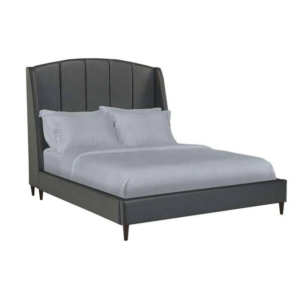 THE URBAN PORT Charcoal Gray Wood Frame Upholstered Queen Platform Bed with Arched Wingback