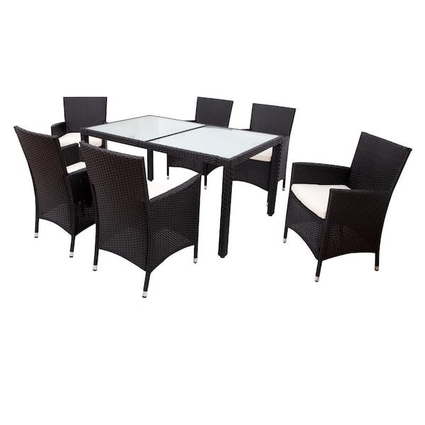 Runesay 7-Piece Black PE Rattan Wicker Patio Outdoor Dining Set with Beige Cushions and Tempered Dull-Polished Glass Tabletop