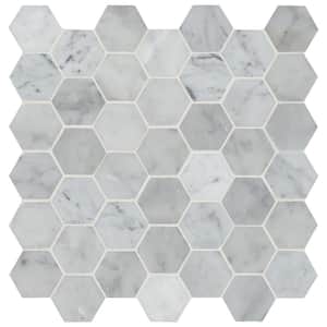 Carrara White Hexagon 12 in. x 12 in. x 10 mm Polished Marble Mesh-Mounted Mosaic Floor and Wall Tile (10 sq. ft. /case)