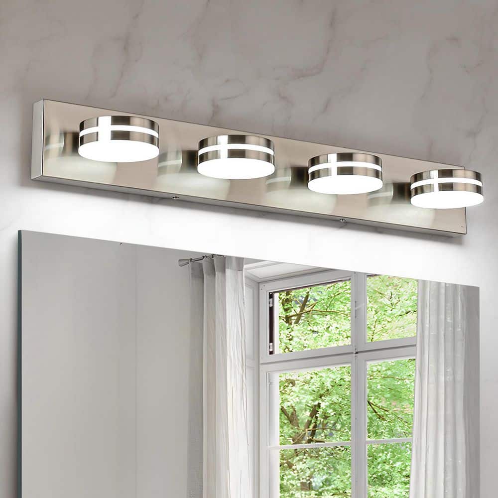 JUSHENG 30 in. 4-Light Nickel LED Vanity Light with Dimmable 5500K
