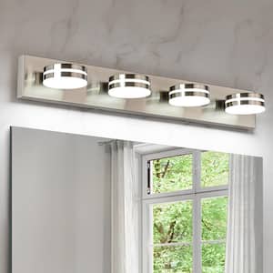 30 in. 4-Light Nickel LED Vanity Light with Dimmable 5500K Light and 270° Swivel Range Acrylic Lampshade