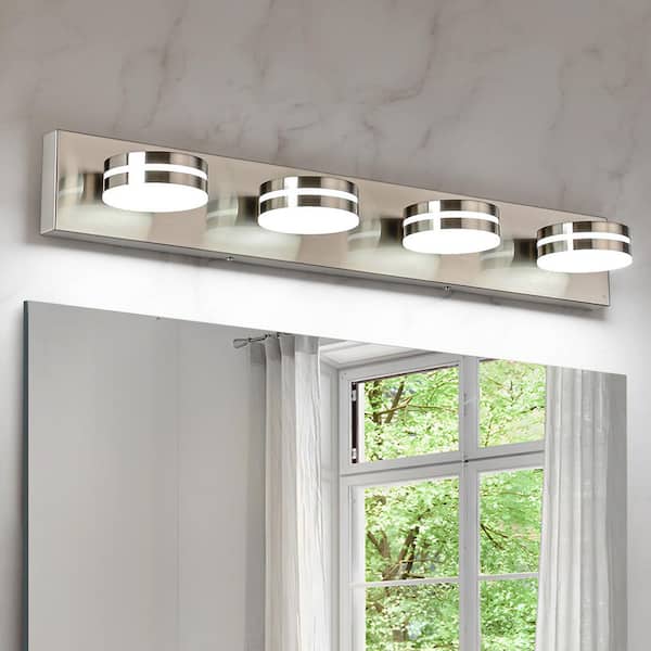 30 in. 4-Light Nickel LED Vanity Light with Dimmable 5500K Light and 270° Swivel Range Acrylic Lampshade