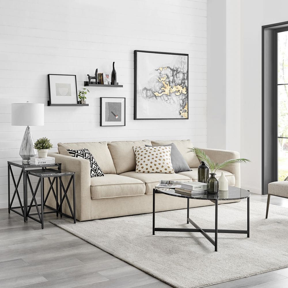 Modern Faux Marble and Black Metal Nesting End Table Set