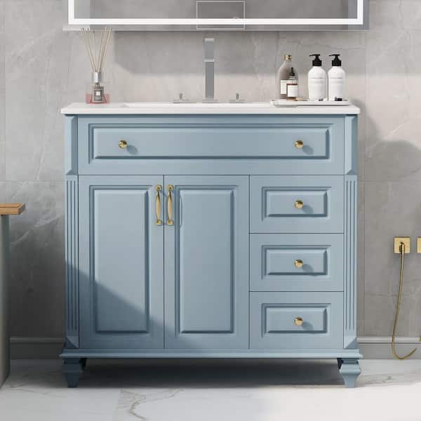 36 in. Freestanding Blue Bath Vanity with White Ceramic Top 3 Drawers, 2 Soft-Close Doors