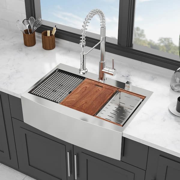 33 in. Drop in Apron Front Workstation Single Bowl 16-Gauge Brushed Stainless Steel Kitchen Sink with Bottom Grids