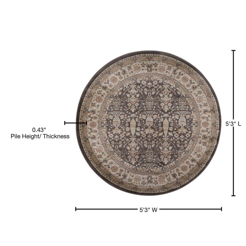 Garda Brown Round Synthetic Oriental Floral Area Rug