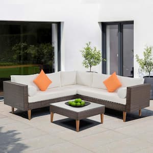 Brown 4-Piece PE Rattan Wicker Outdoor Sectional Set with Beige Cushions, 2 Pillows and Coffee Table