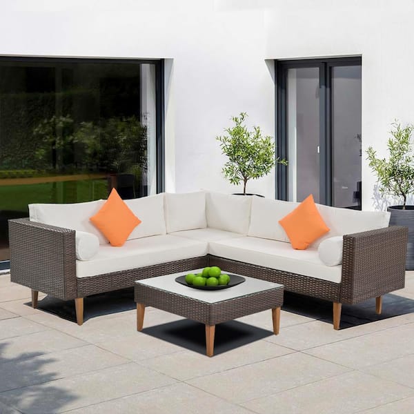 Runesay Brown 4-Piece PE Rattan Wicker Outdoor Sectional Set with Beige Cushions, 2 Pillows and Coffee Table