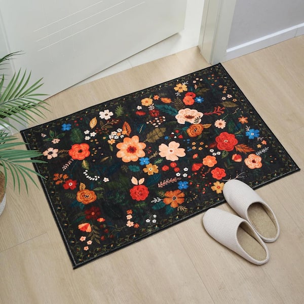 2 ft. x 3 ft. Black Washable Boho Floral Small for Entryway Rubber Area Rug