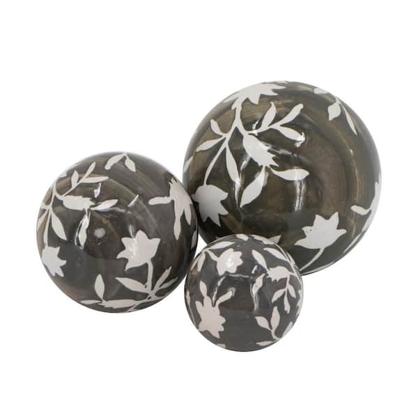 A & B Home Floral Painted Decorative Orbs - Set of 3 - Brown/White