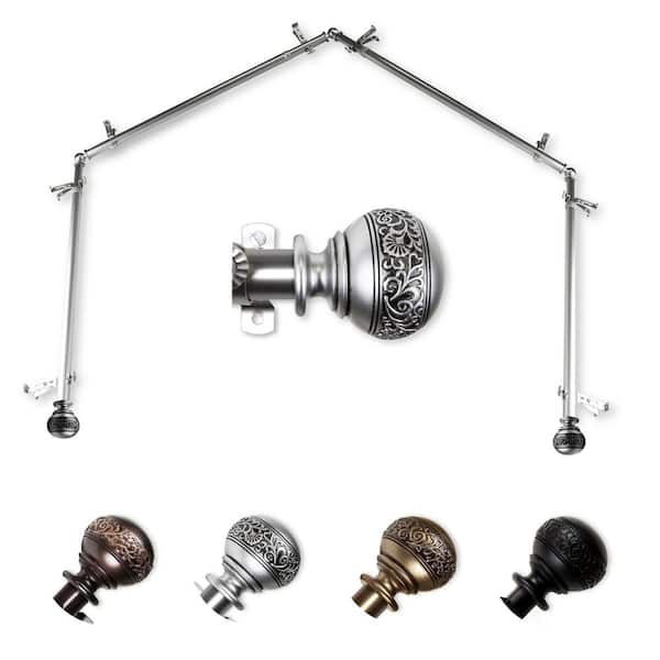 EMOH 13/16" Dia Adjustable 4-Sided Bay Window Curtain Rod 28 to 48" (each side) with Douglas Finials in Satin Nickel