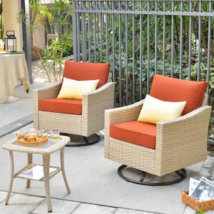 Oconee Beige 3-Piece Wicker Outdoor Patio Conversation Swivel Rocking Chair Set with Orange Red Cushions