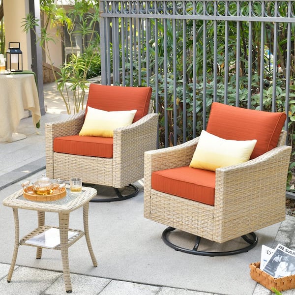 HOOOWOOO Oconee Beige 3-Piece Wicker Outdoor Patio Conversation Swivel Rocking Chair Set with Orange Red Cushions