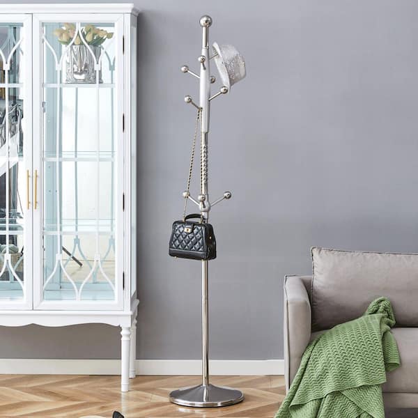 Silver Coat Rack with Stainless Steel Spray Painted Hanger and Solid Wood Reinforcement at the Bracket