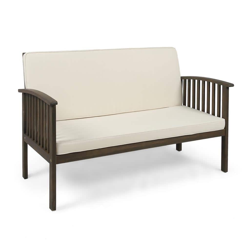 Wood plus Waterproof Fabric Outdoor Loveseat with Grey plus Cream Cushions
