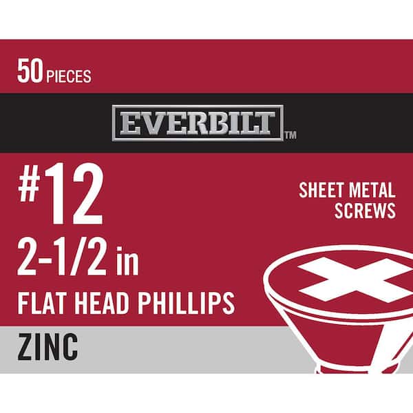 Everbilt #12 x 2-1/2 in. Phillips Flat Head Zinc Plated Sheet Metal Screw (50-Pack)