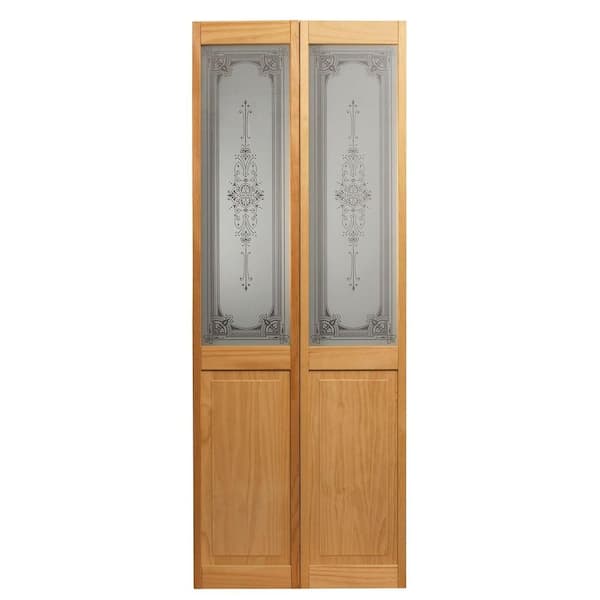 Pinecroft 24 in. x 80 in. Baroque Decorative Glass Over Raised Panel Solid Core Unfinished Pine Interior Bi-fold Door