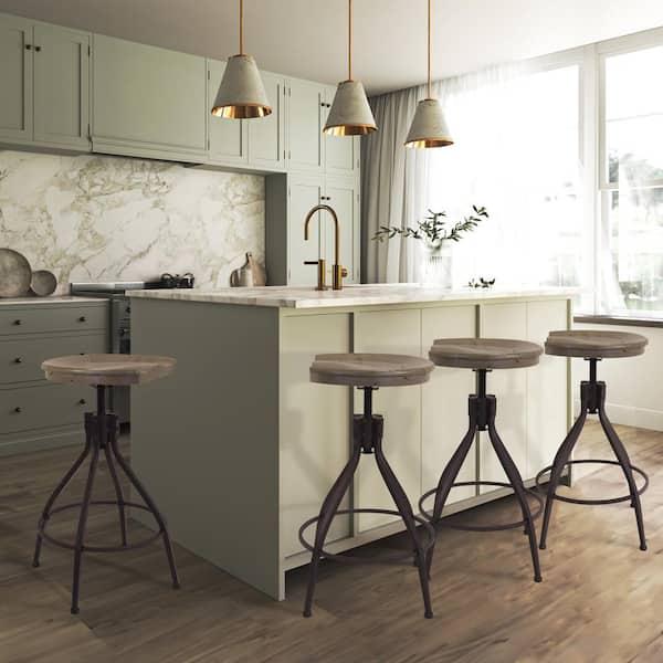 Homepop Maurice Adjustable 26.2 in. to 30.2 in. Brown Natural Wood Backless Metal Counter Stool with Wood Seat