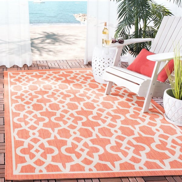 Courtyard Terracotta/Beige 5 ft. x 8 ft. Border Indoor/Outdoor Patio  Area Rug