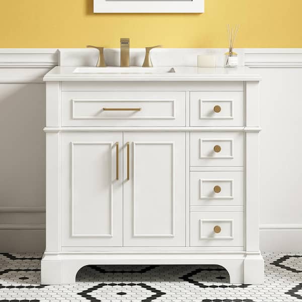 WONLINE 36 In. bathroom vanity set 36-in White Single Sink Bathroom Vanity  with White Wood Top (Mirror and Faucet Included) in the Bathroom Vanities  with Tops department at