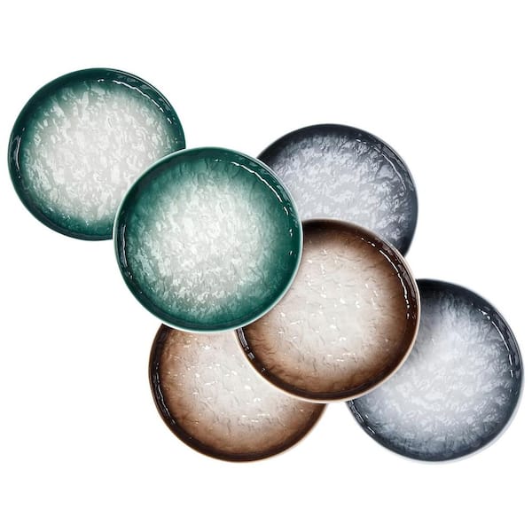 Porcelain Small Round Embossed Ceramic Dessert Plates Gradient Water Wave Texture with 3-Color Mix Set of 6