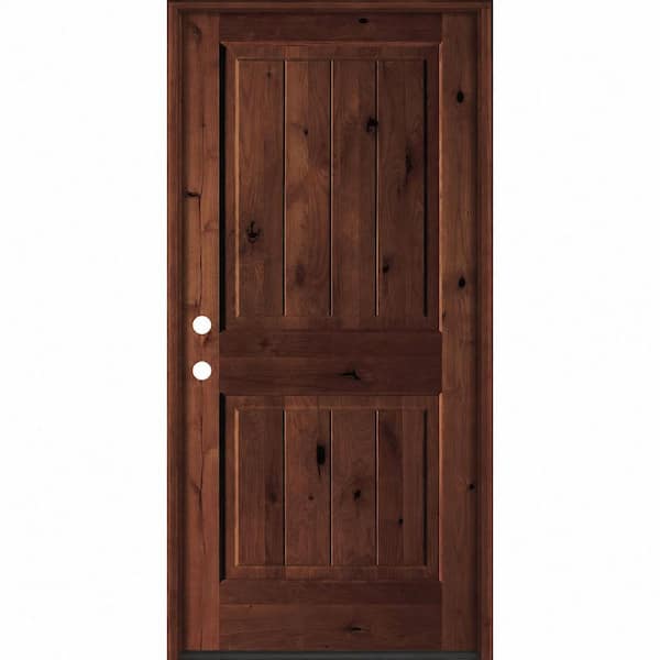 42 in. x 80 in. Knotty Alder Right-Hand/Inswing Square Top VG BEHR Red Mahogany Stain Exterior Wood Prehung Front Door