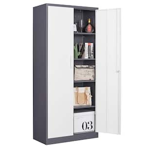 Metal Storage Cabinet 15.74"D x 31.5"W x 71"H in Gray White cabinet with 4 shelves and 2 doors.