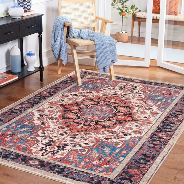 Riviera Ivory/Blue 7 ft. x 7 ft. Machine Washable Medallion Border Geometric Square Area Rug