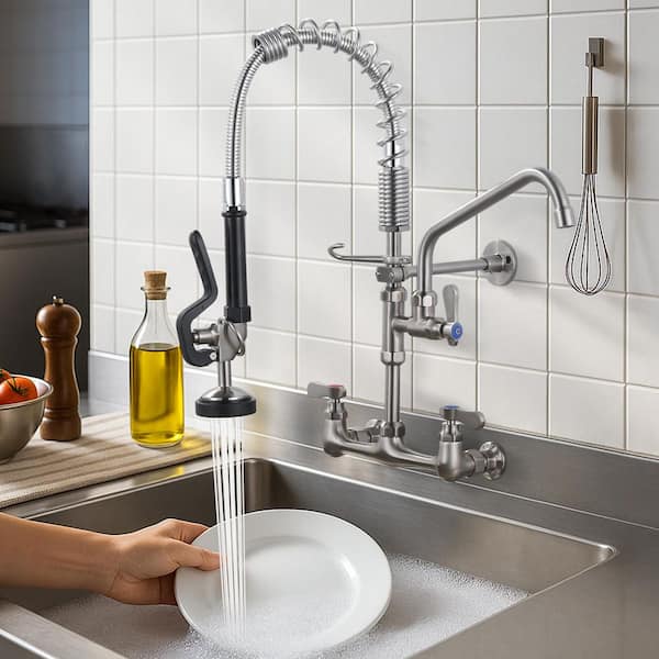 Wall Mount Triple Handle Pull Down Sprayer Kitchen Faucet with Pre-Rinse Sprayer with Advanced Spray in Brushed Nickel