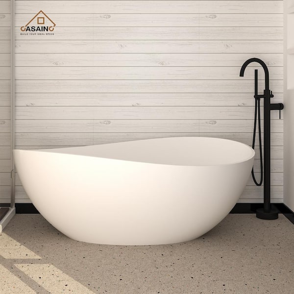 CASAINC 63 in. Stone Resin Composite Solid Surface Flatbottom Non-whirlpool Freestanding Soaking Bathtub in White