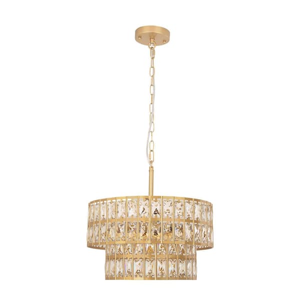 2-Tier 5-Light Gold K9 Crystal Chandelier Drum Candlestick Pendant for Living Room