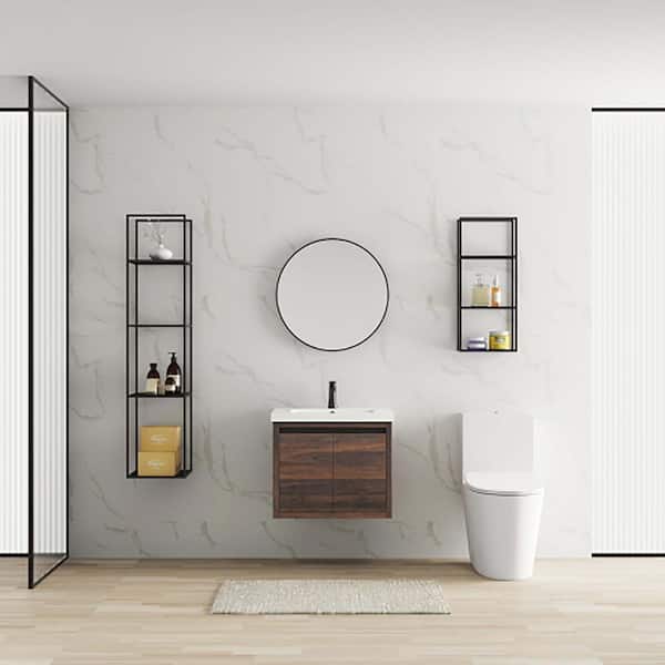 FUNKOL 24 in. W x 18 in. D x 20.5 in. H Bathroom Vanity in Brown with White Resin Top and Sink