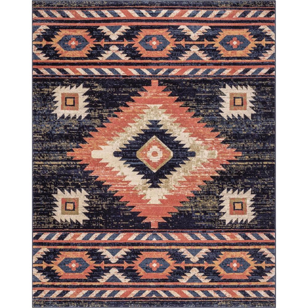 Blue Southwestern Tribal Synthetic 8' x 10' Reversible Area Rug