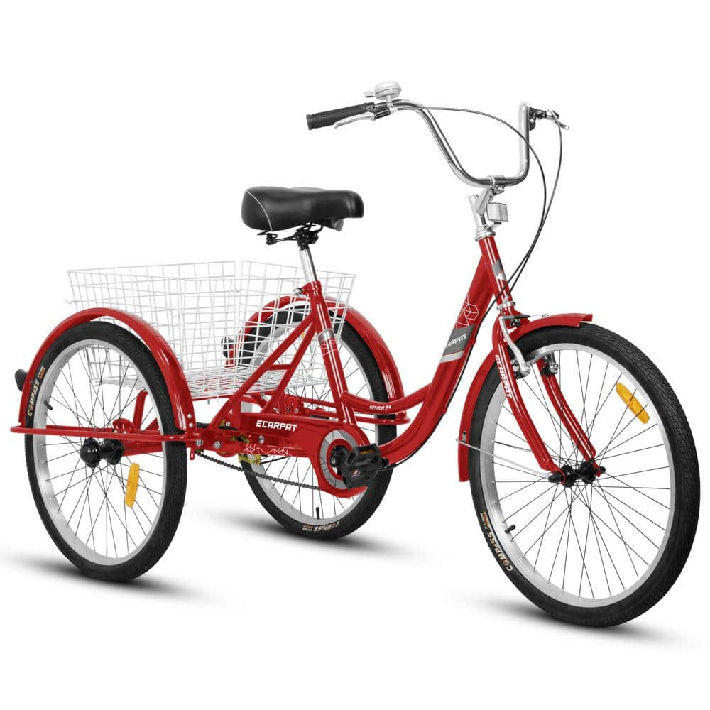 26 in. Wheels Cruiser Bicycles Adult Tricycle Trikes 3-Wheel Bikes with Large Shopping Basket Single Speed in Red -  Runesay, BIKECYN707