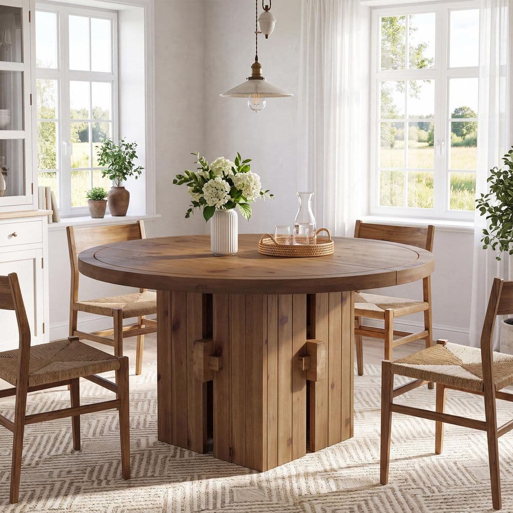 Halseey 47.24 in. Rustic Brown Solid Wood Pedestal Base Dining Table, Farmhouse Round Kitchen Table Seats 4