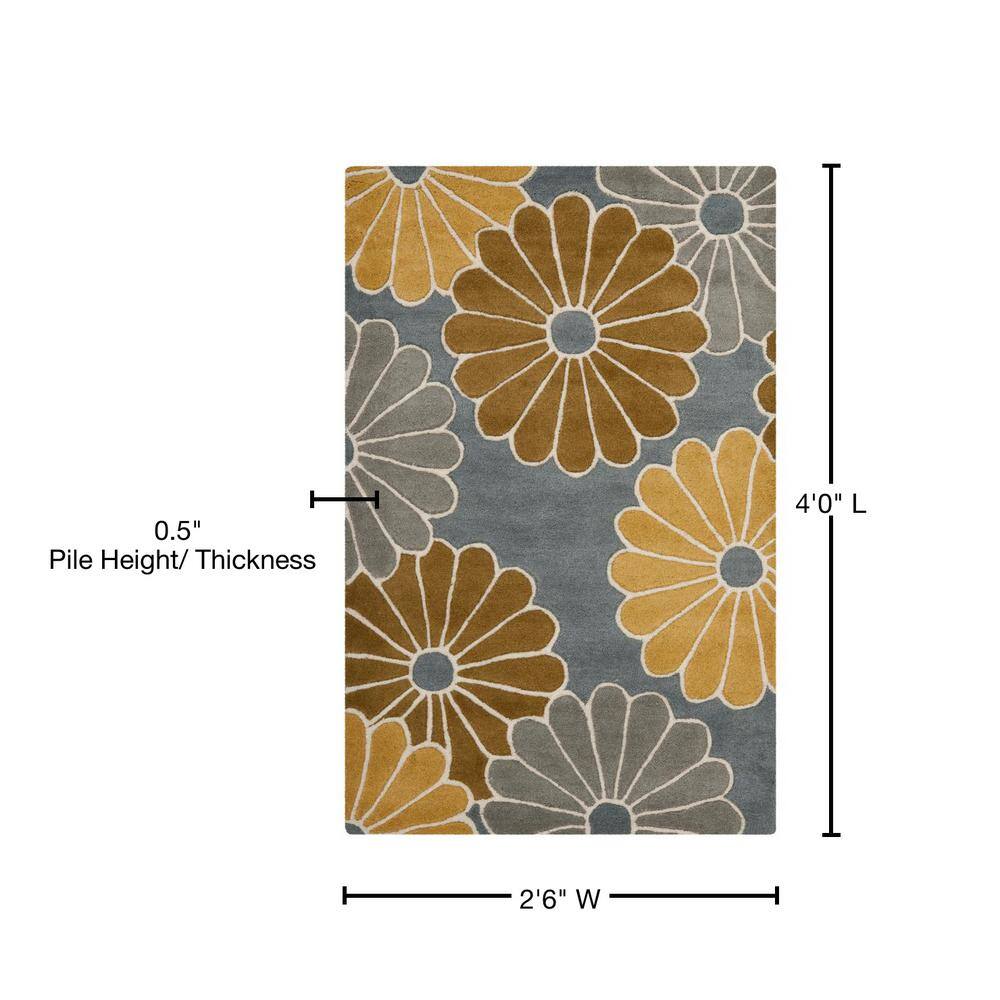 Gray and Yellow Floral Wool and Viscose Area Rug, 2'6" x 4'