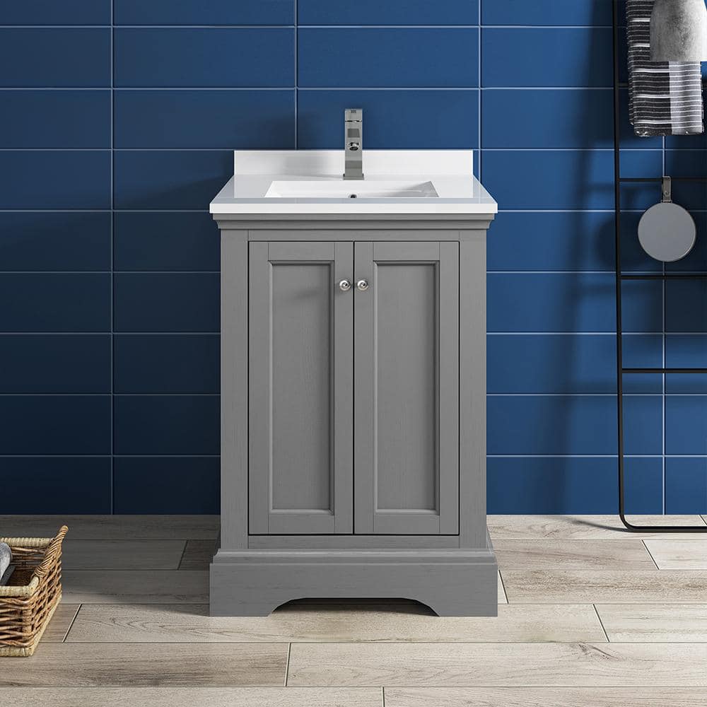 Elegant Grey 24" Solid Wood Freestanding Bathroom Vanity with Quartz Top