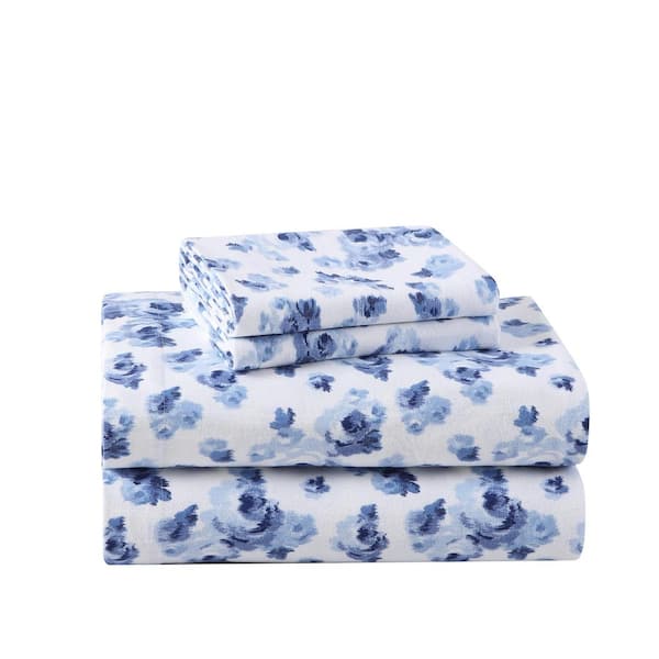 Laura Ashley Emelisa Flannel 4-Piece Blue Floral Cotton Full Sheet Set