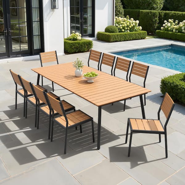 11-Piece Aluminum Frame Wood-Plastic Composite Rectangular Outdoor Dining Table Set with Umbrella Hole, Brown