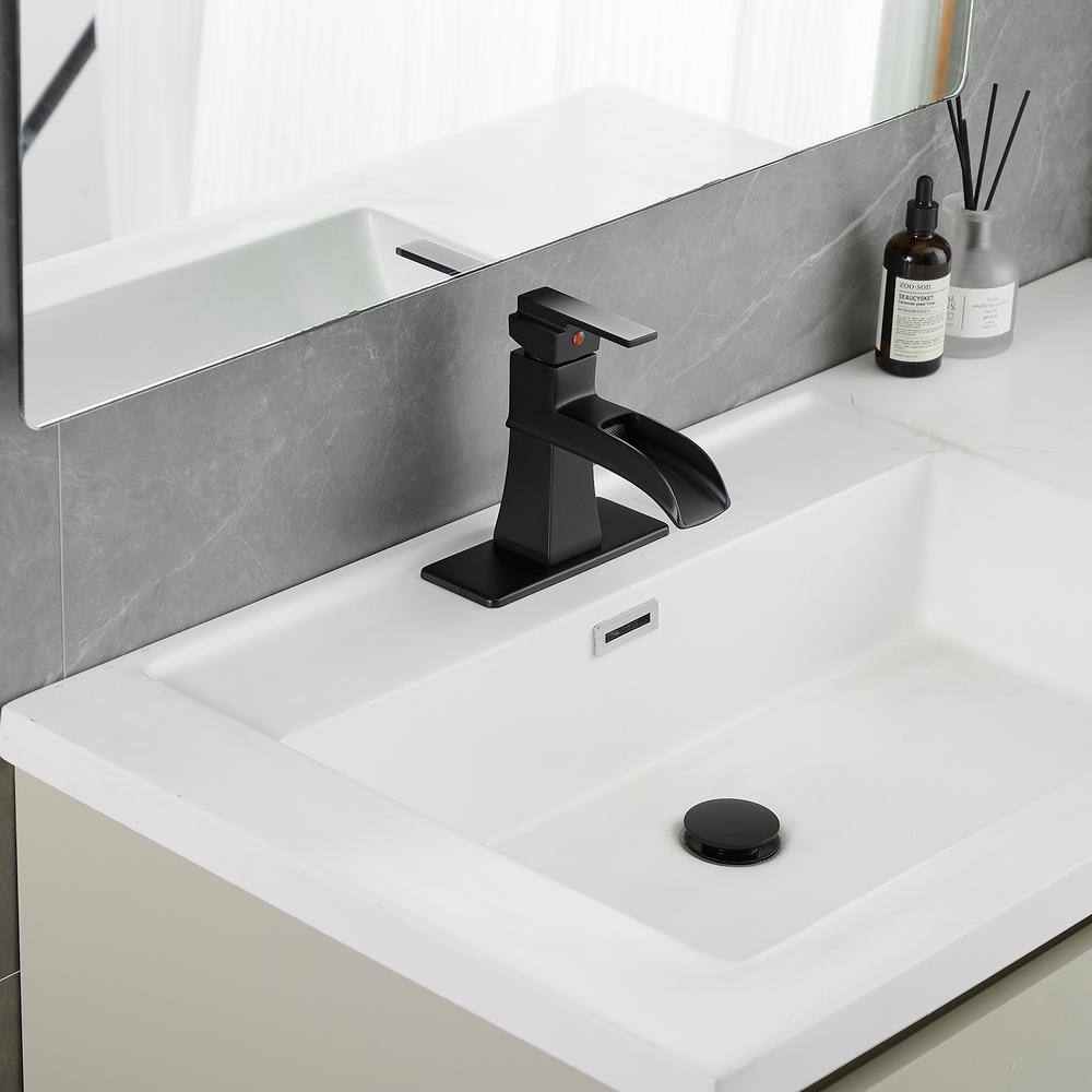 Matte Black Brass Single Handle Waterfall Bathroom Faucet with Deckplate