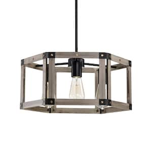 Malli 19 in. 3-light Indoor Matte Black and Faux Wood Grain Finish Chandelier with light Kit