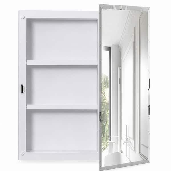 Plastic Bathroom Medicine Cabinet Mirror 16 in. W x 20 in. H Rectangular Vanity Cabinet with 2 Adjustable Shelves, White