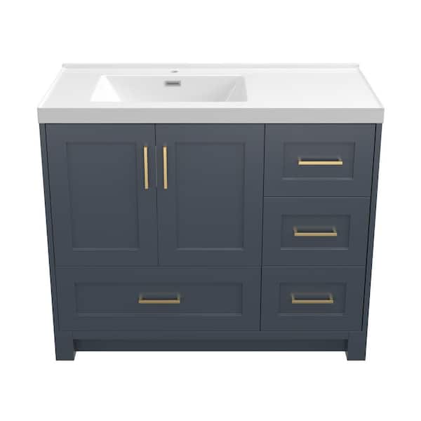 42 in. Solid Wood Freestanding Single Left Sink Bath Vanity Cabinet in Navy Blue with White Solid Surface Top and Basin