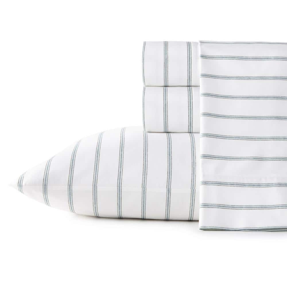 Gray and White Striped Cotton Percale Full Sheet Set
