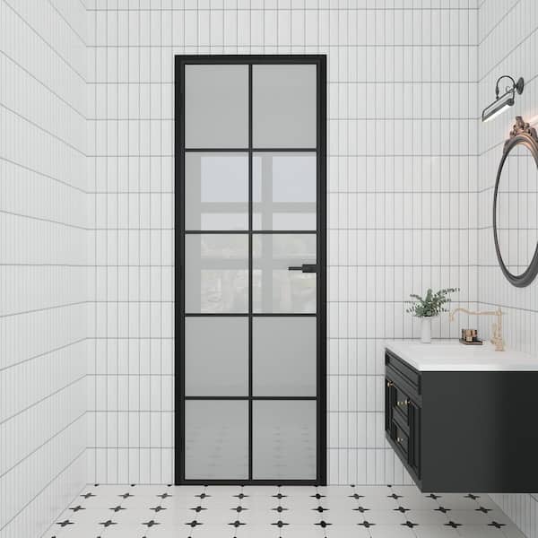 30 in.x80 in. Right 10-Lite Frosted Glass Black Aluminum Assembly Required Single Interior Door with Split Jamb+ Lockset